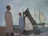 un tableau représentant une femme et deux hommes debout sur une plage