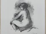 a black and white drawing of a nude woman sitting on her knees