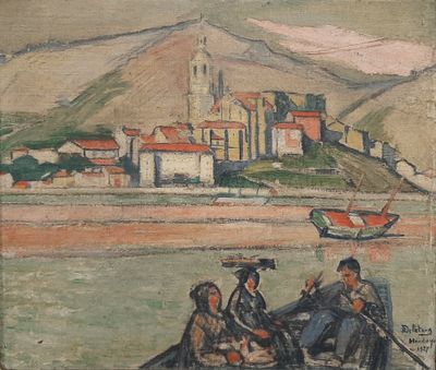 painting of a group of people sitting on a boat in the water