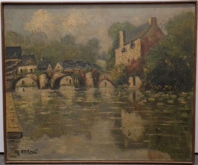 tableau représentant une scène fluviale avec un pont et des maisons en arrière-plan