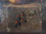 a painting of a vase of fruit on a table