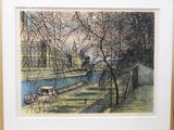 framed picture of a painting of a boat on a river in a park