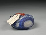 a close up of a small blue and white object with a tag on it