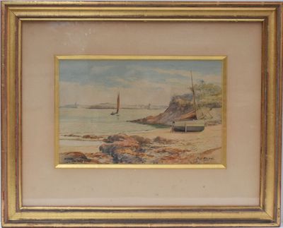 an image of a painting of a beach scene with boats in the water
