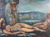 a painting of a man and a woman laying on the ground
