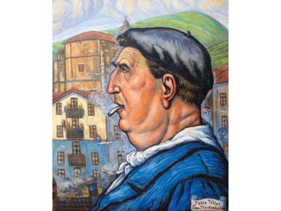 painting of a man smoking a cigarette in front of a town