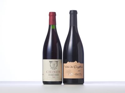 two bottles of wine sitting next to each other on a table