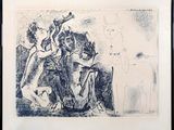 dessin représentant un homme et une femme jouant d'un instrument de musique devant un cheval