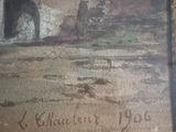 an old painting of a building with a door and a window