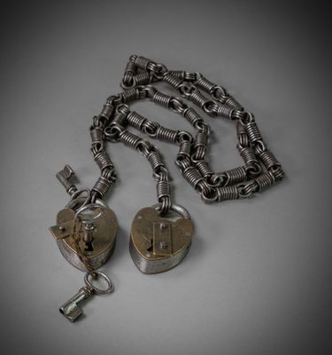 two heart shaped keys are attached to a chain with a lock