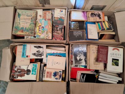 de nombreux livres dans une boîte posée par terre