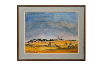 un tableau représentant un champ avec un ciel en arrière-plan et des arbres