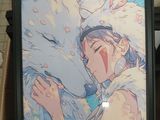 painting of a woman hugging a white wolf in front of a blue background