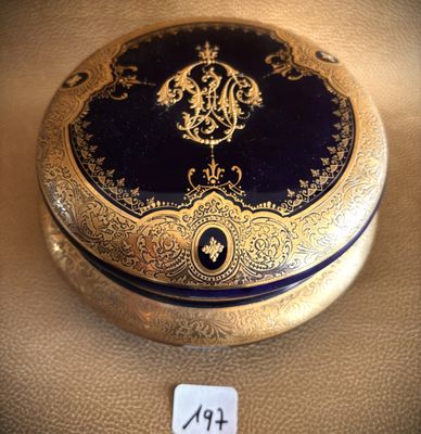 an image of a gold and blue box with a clock on it