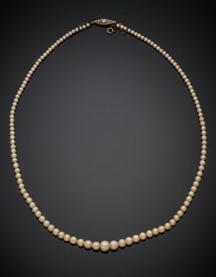 un collier de perles blanches muni d'un fermoir en argent, sur fond noir