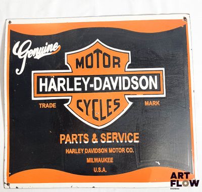 une enseigne orange et noire représentant une moto Harley-Davidson sur fond blanc