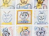 several drawings of people with faces drawn on them in different colors