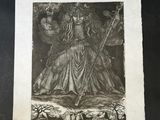 a black and white drawing of a woman holding a sword