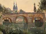 a painting of a bridge over a river with a church in the background