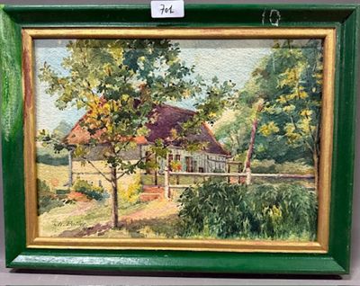 une peinture à l'huile représentant une maison, dans un cadre vert, accrochée au mur
