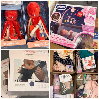 de nombreuses photos différentes montrant les jouets d'un bébé dans une boîte