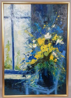 a painting of a vase of flowers sitting on a table in front of a window
