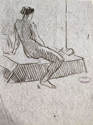 drawing of a woman sitting on a bed with her legs crossed