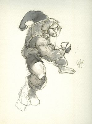 dessin représentant un homme portant un bonnet de Père Noël et tenant un couteau