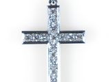 a close up of a diamond cross pendant on a white background
