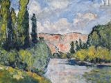 an image of a painting of a river with trees in the foreground