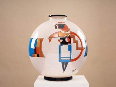 LONGWY "Grand Hotel 2" Vase boule coloniale en faïence émail…