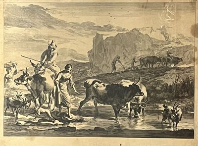 un dessin représentant un homme à cheval avec un troupeau de bovins