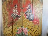 two panels of a painting of a woman and a man sitting on a bench