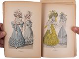 a person holding an open book with two pictures of women in dresses
