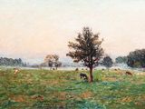 un tableau représentant des vaches paissant dans un champ près d'un arbre