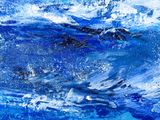 painting of a blue ocean with a wave crashing on the shore