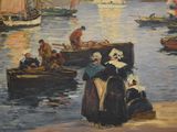 a painting of people on boats in the water