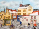 un tableau représentant des personnes marchant dans une rue enneigée