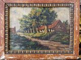 une vieille photo représentant une peinture d'une maison au bord d'une rivière