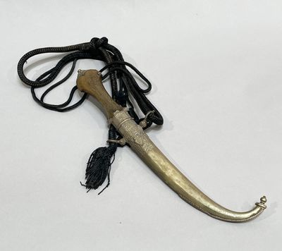 a long horn with a rope on it on a white surface