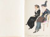 an open book with a drawing of two women sitting on a chair