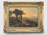 un vieux tableau représentant un paysage avec des arbres et une route
