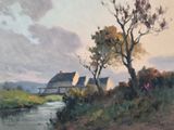 an image of a painting of a house by a river