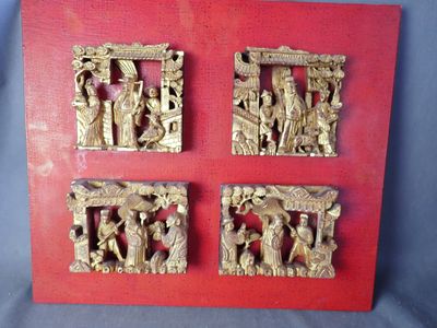 quatre sculptures en bois représentant la Nativité de Jésus, Marie et Joseph