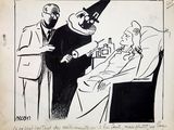 drawing of a cartoon of a man in a witch ' s hat talking to a woman in a bed