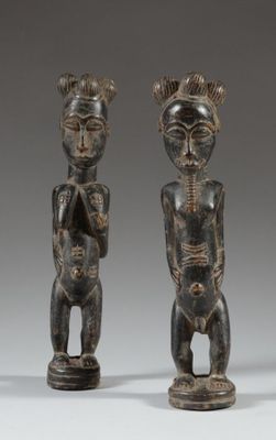deux figurines en bois représentant un homme et une femme debout l'un à côté de l'autre