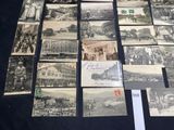 several old black and white photographs of people and buildings