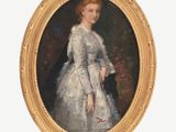 portrait of a woman in a white dress in a gold oval frame