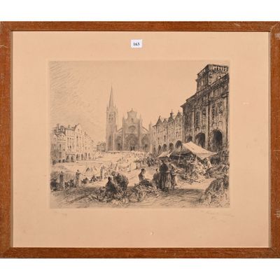 une image représentant un dessin d'une scène de rue avec une église en arrière-plan