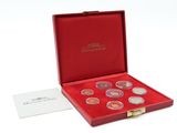 une boîte rouge contenant six pièces et une carte